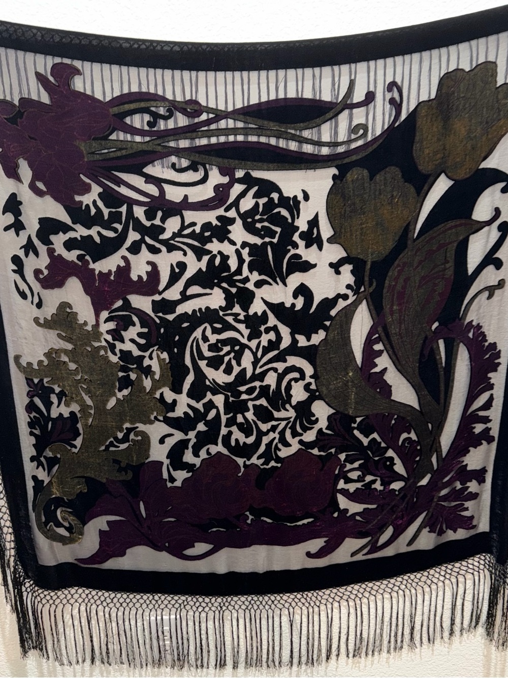 1970s Rare Square Floral Burnout Velvet with Fringe Scarf